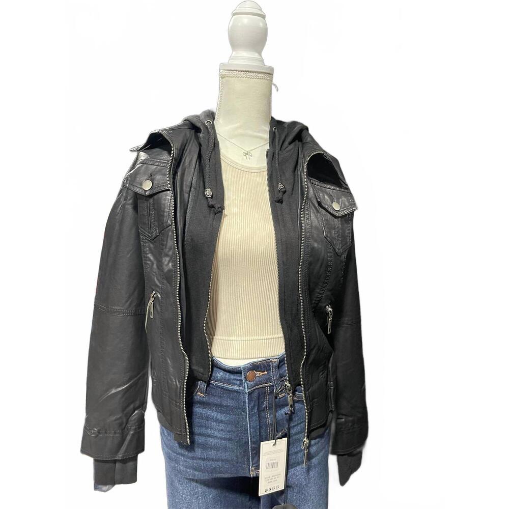 NEW COALITION LA women's hooded leather jacket in black